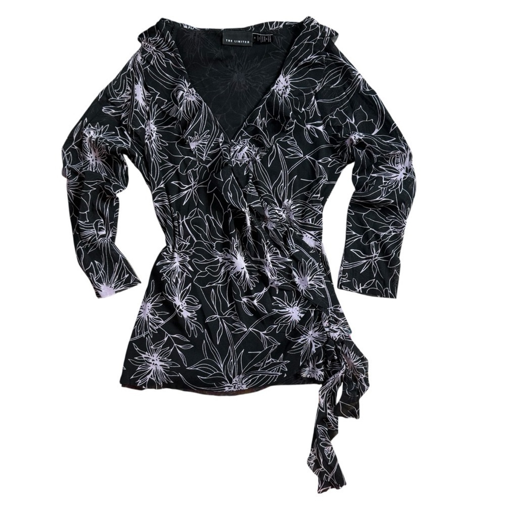 Vintage Y2K The Limited Asymmetrical Floral V Neck Faux Wrap Mesh Top Size M